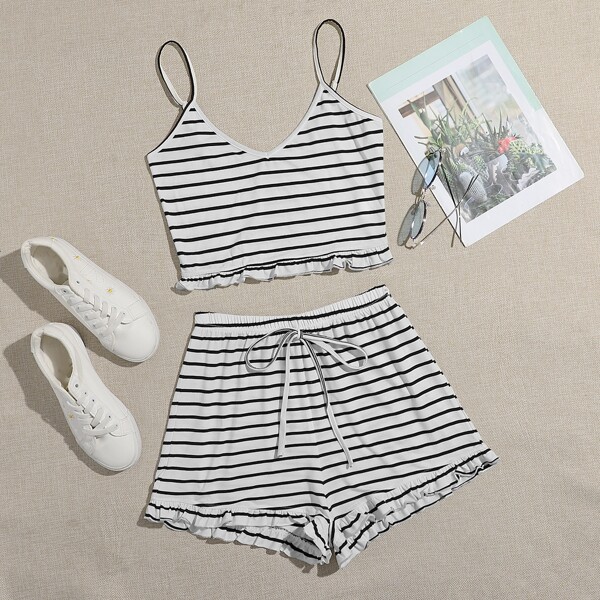 

Ruffle Hem Striped Cami Top & Shorts PJ Set, White