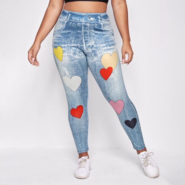 

Plus Heart Print Jeggings, Baby blue