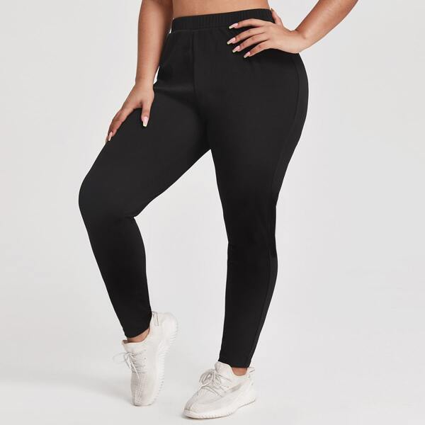 

Plus Solid Elastic Waist Leggings, Black