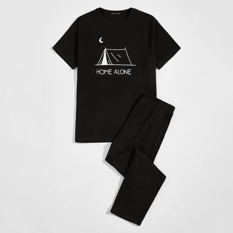 

Guys Letter and Graphic Print Top & Pants PJ Set, Black