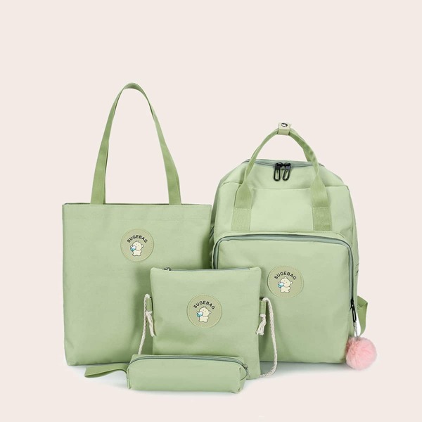 

4pcs Cartoon Patch Backpack With Pencil Case, Green