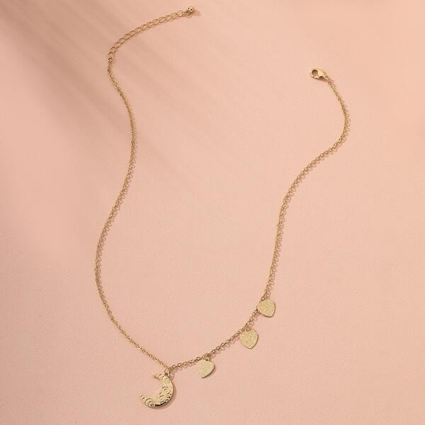 

1pc Heart & Moon Pendant Necklace, Gold