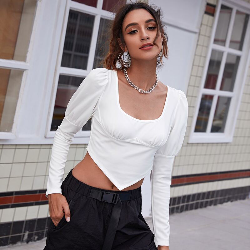 

Leg-of-mutton Sleeve Ruched Bust Tie Back Hanky Hem Top, White