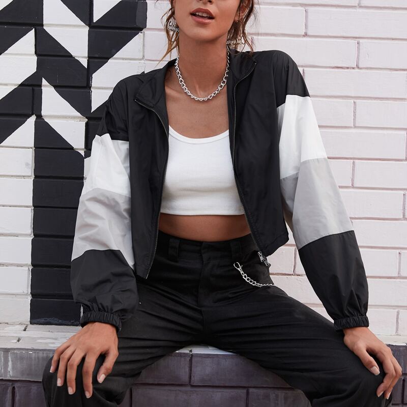 

Zip Up Colorblock Crop Jacket, Black and white