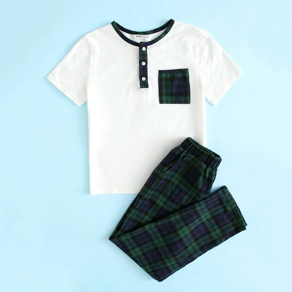 

Boys Buttoned Half Placket Pocket Front Top & Tartan Pants PJ Set, Multicolor