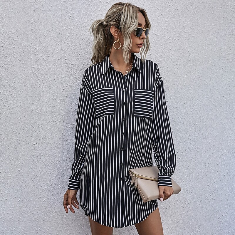 

Striped Curved Hem Shirt Dress, Black