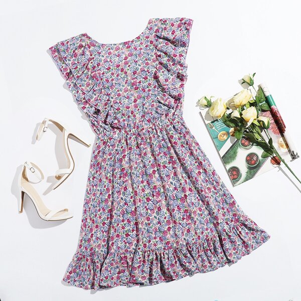 

Ruffle Trim Tie Back Floral Dress, Multicolor