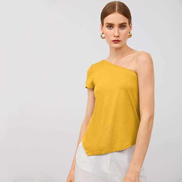

One Shoulder Hanky Hem Top, Yellow