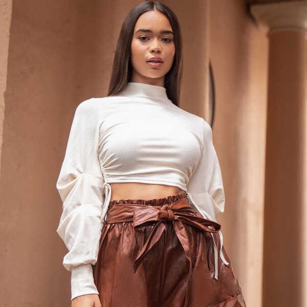 

Mock-Neck Lantern Sleeve Drawstring Knot Side Top, Beige