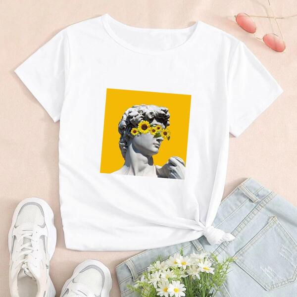 

Sculpture And Sunflower Print Tee, White