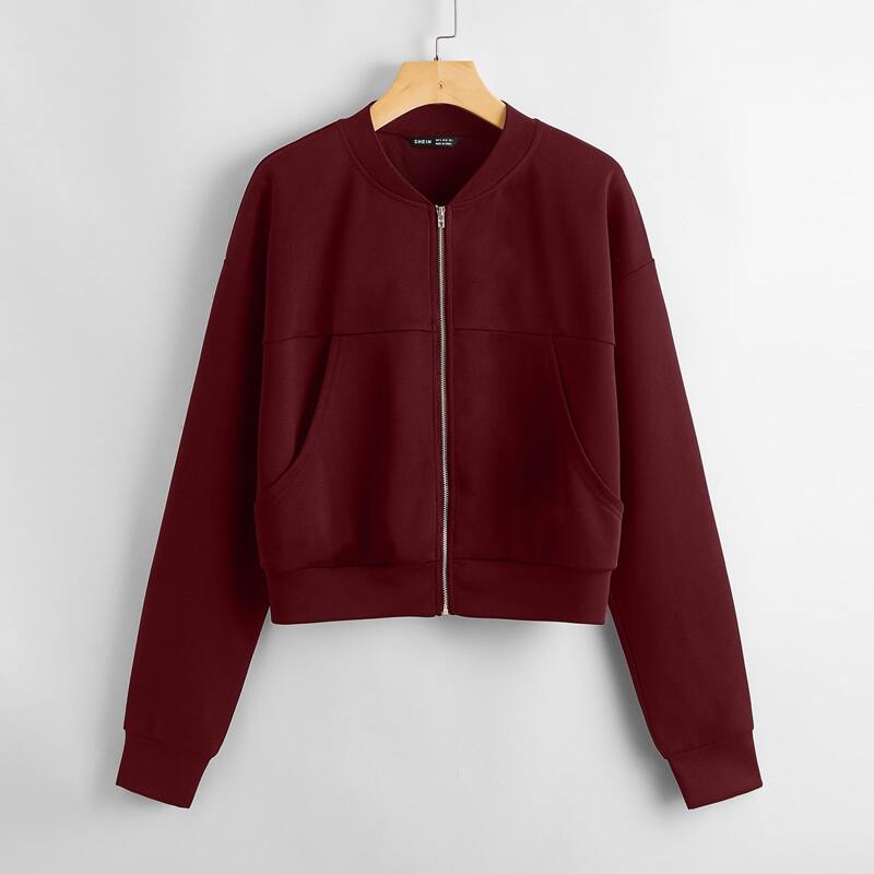 

Zip Up Slant Pocket Bomber Jacket, Maroon