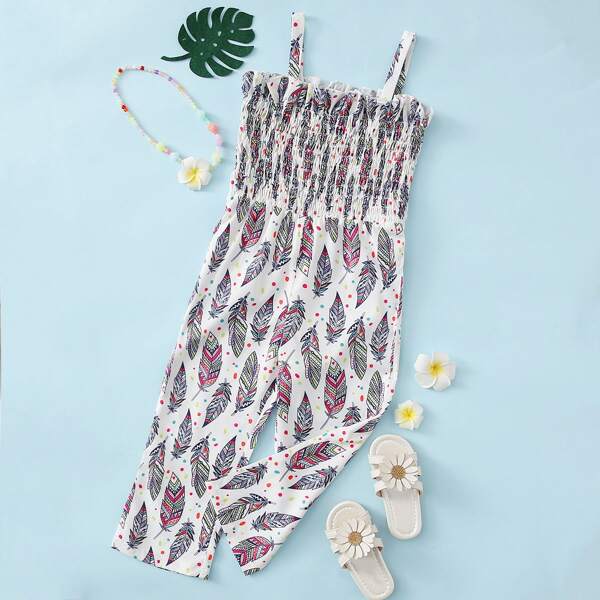 

Toddler Girls Feather Print Shirred Cami Jumpsuit, Multicolor