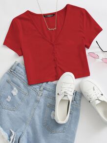 Muchica Buttoned Front Crop Top - Burgundy - View 1