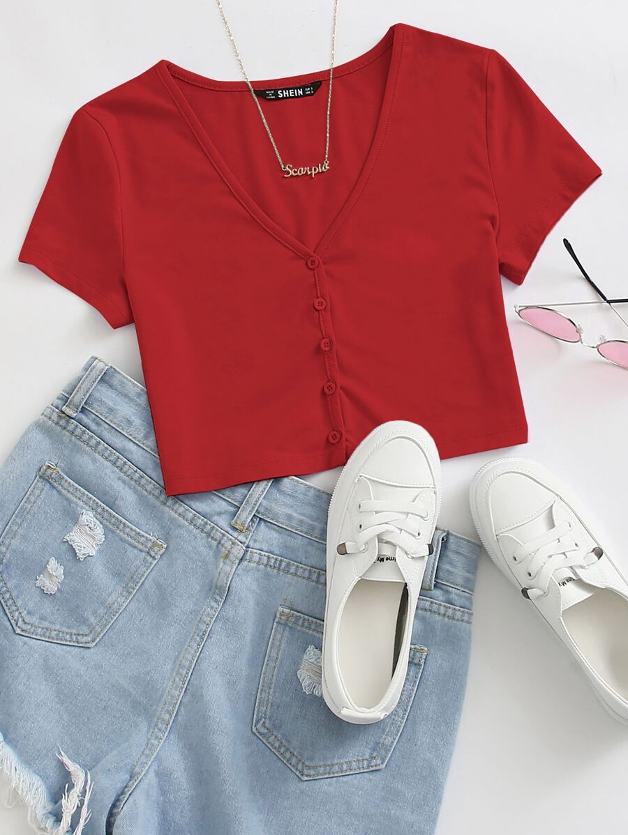 Muchica Buttoned Front Crop Top - Burgundy - View 1