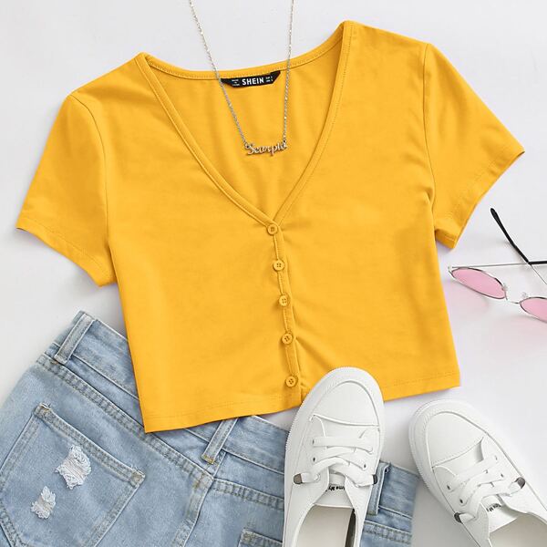 

Buttoned Front Crop Top, Yellow