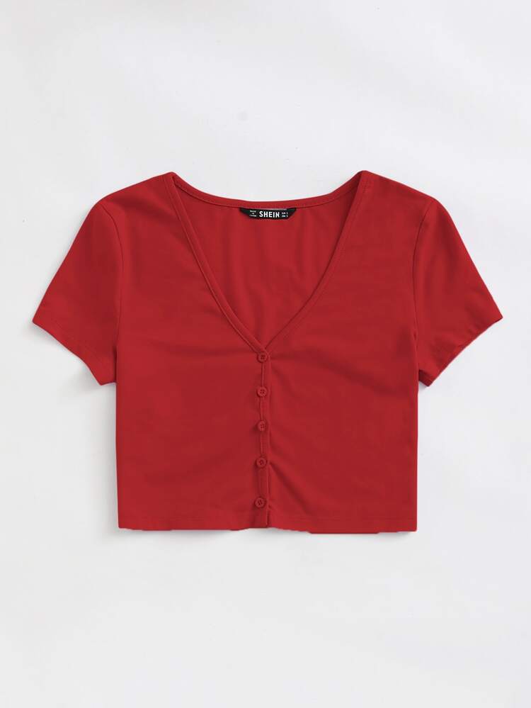 Muchica Buttoned Front Crop Top - Burgundy - View 4