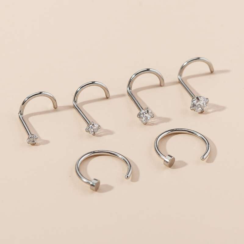 

6pcs Zircon Decor Nose Ring, Silver