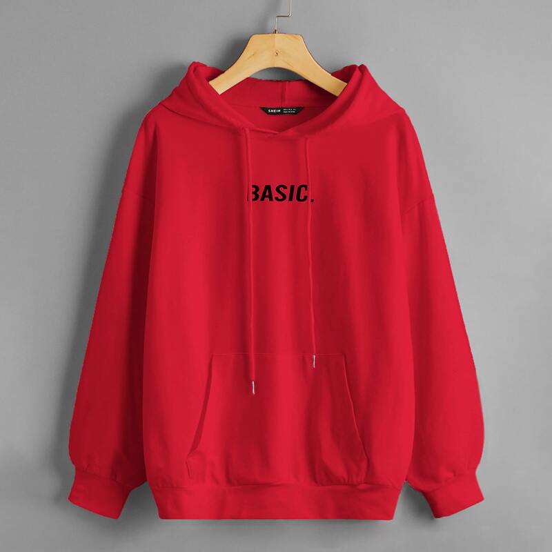 

Drop Shoulder Letter Graphic Pouch Pocket Hoodie, Red