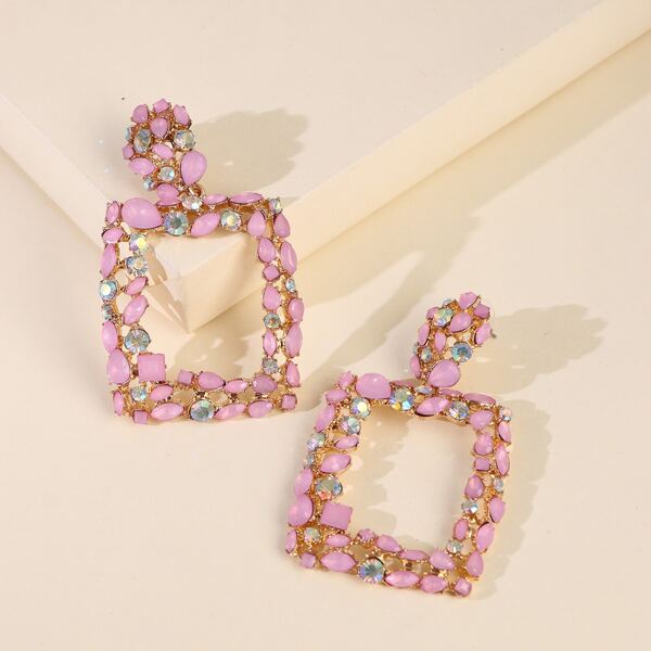 

Rhinestone Geometric Drop Earrings, Pink