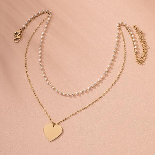 

1pc Heart Pendant Layered Necklace, Gold