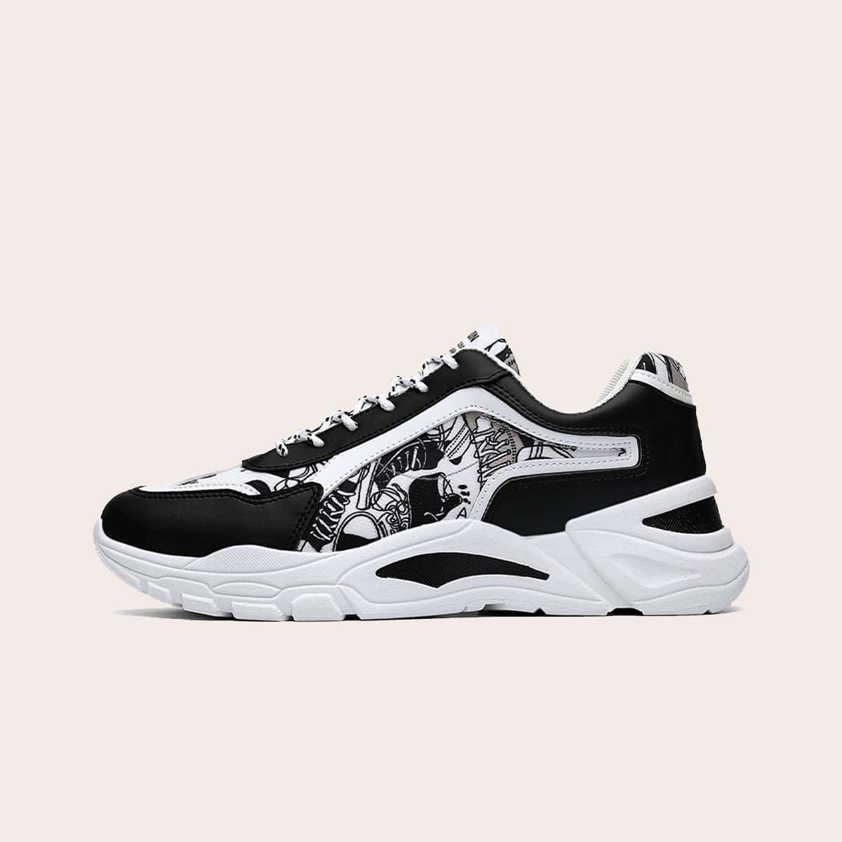 

Guys Lace-up Front Cartoon Graphic Sneakers, Black and white