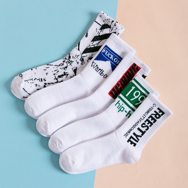 

5pairs Men Letter Graphic Socks, White