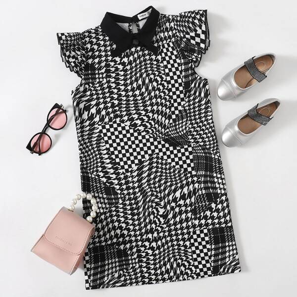 

Girls Collared Bow Front Plaid and Houndstooth Dress, Black and white