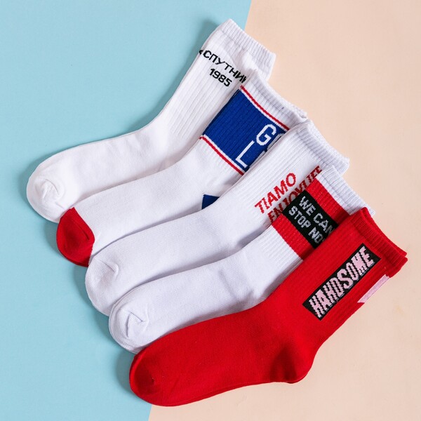 

5pairs Men Slogan Graphic Socks, Multicolor