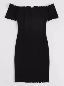 SHEIN Privé Plus V-bar Off Shoulder Lettuce Edge Dress - Black - View 2