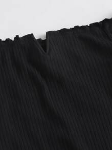 SHEIN Privé Plus V-bar Off Shoulder Lettuce Edge Dress - Black - View 5
