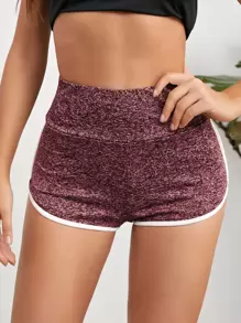 SHEIN EZwear Wide Waistband Contrast Binding Marled Track Shorts - Maroon - View 3