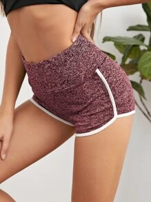 SHEIN EZwear Wide Waistband Contrast Binding Marled Track Shorts - Maroon - View 5