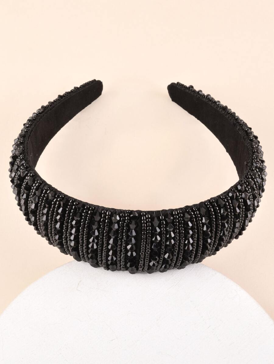Crystal Beaded Sponge Headband - Black - View 1