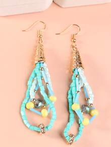 2pcs Fashionable Rice Bead Water Drop Layered Bohemian Long Earrings - Multicolor - View 2