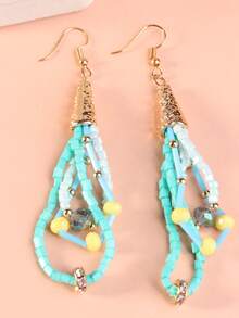 2pcs Fashionable Rice Bead Water Drop Layered Bohemian Long Earrings - Multicolor - View 3