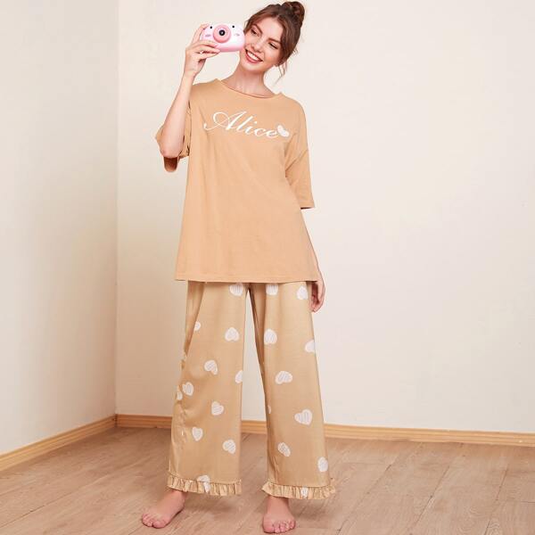 

Letter and Heart Print Top and Ruffle Hem Pants PJ Set, Apricot