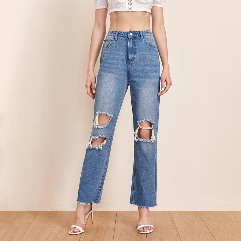 

Ripped Detail Straight Leg Jeans Without Belt, Medium wash