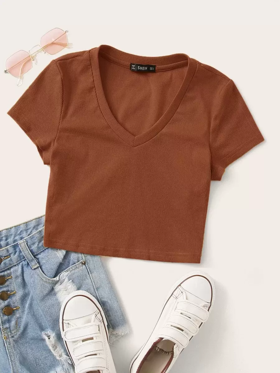 SHEIN EZwear Camiseta corta ajustada tejida de canalé de cuello V - Óxido marrón - Ver 1