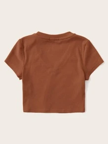 SHEIN EZwear Camiseta corta ajustada tejida de canalé de cuello V - Óxido marrón - Ver 2