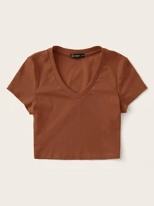 SHEIN EZwear Camiseta corta ajustada tejida de canalé de cuello V - Óxido marrón - Ver 3