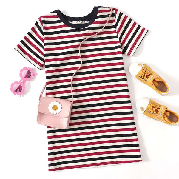 

Girls Short Sleeve Striped Dress, Multicolor
