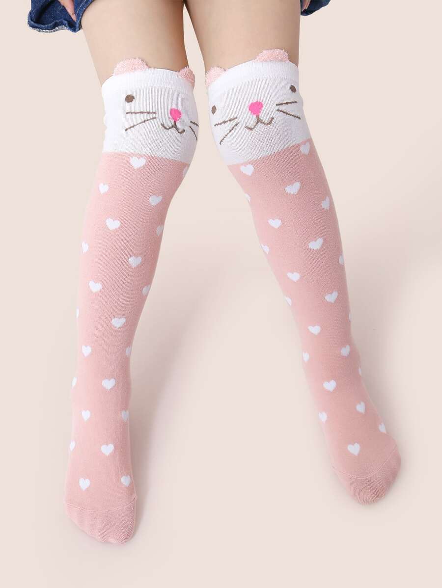 Toddler Girls Heart & Cat Pattern Knee Socks - Pink - View 1