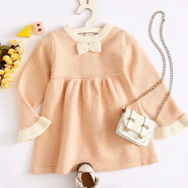 

Toddler Girls Bow Detail Button Back Sweater Dress, Orange pastel