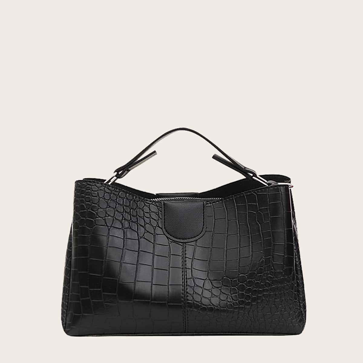 

Croc Embossed Satchel Bag, Black