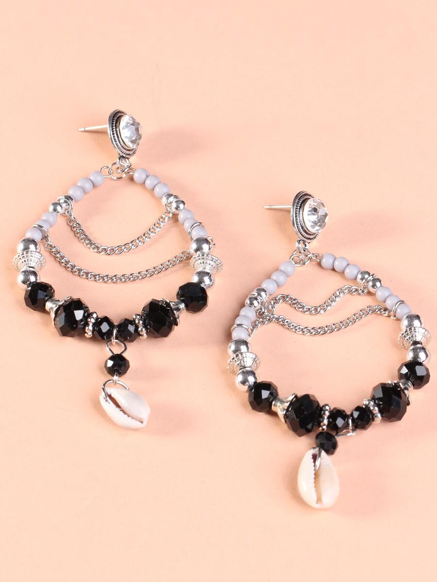 2pcs/Set Glass Bead & Shell Pendant Earrings, Unique Elegant - Multicolor - View 1