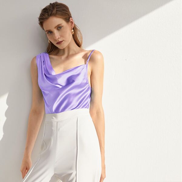 

Asymmetrical Neck Draped Front Satin Top, Violet purple