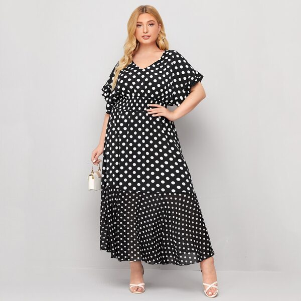 

Plus Polka Dot Print Shirred Detail Dress, Black