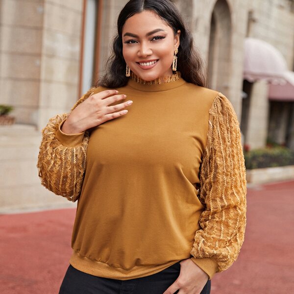 

Plus Applique Mesh Overlay Sleeve Pullover, Brown