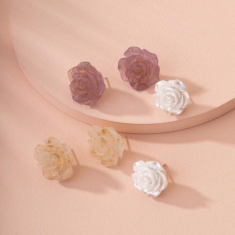 

3pairs Rose Shaped Multicolor Stud Earrings