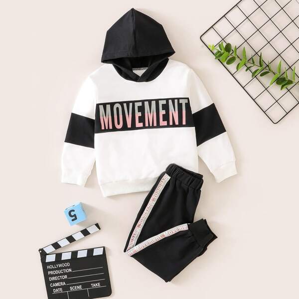 

Toddler Girls Letter Graphic Hooded Sweatshirt With Sweatpants, Black and white